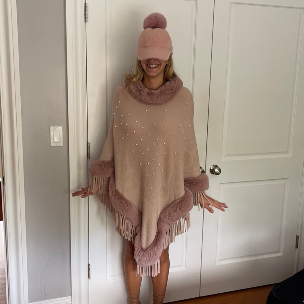 Stylish pink poncho, hat included